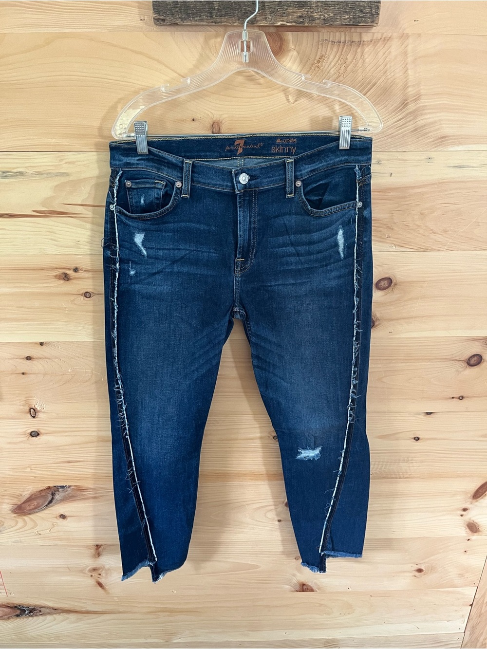 7 For All Mankind Dark Indigo The Ankle Skinny Jeans Frayed Side Size 32 Women’s